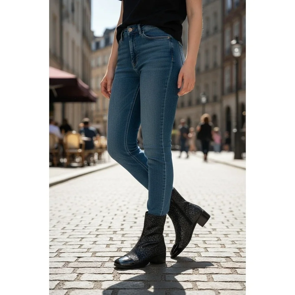 Black Glitter Ankle Boots Square Toe Block Heel Evening Party‎ Sparkle Size 8M
